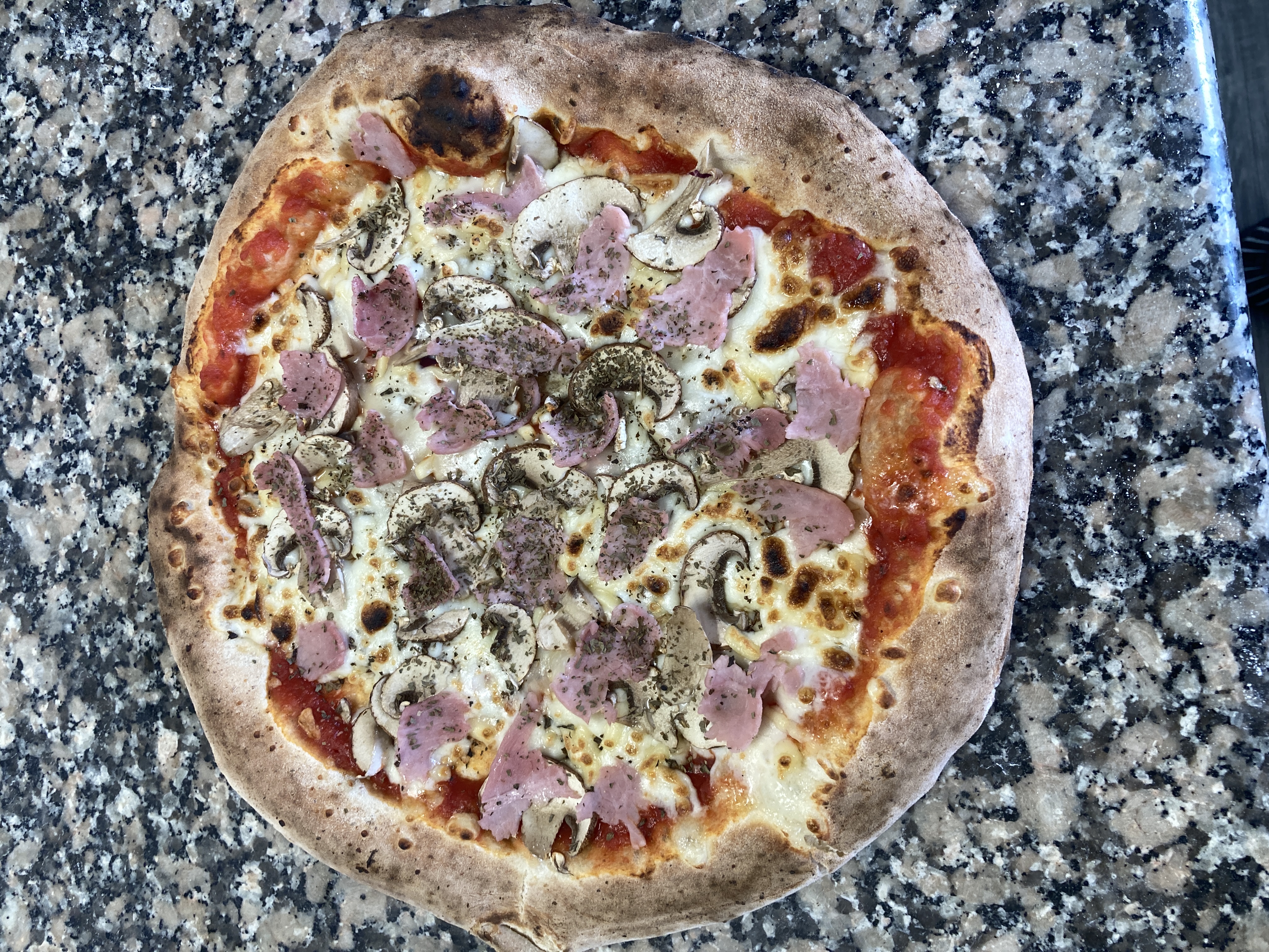 Pizza Reine — champignons, jambon blanc, origan